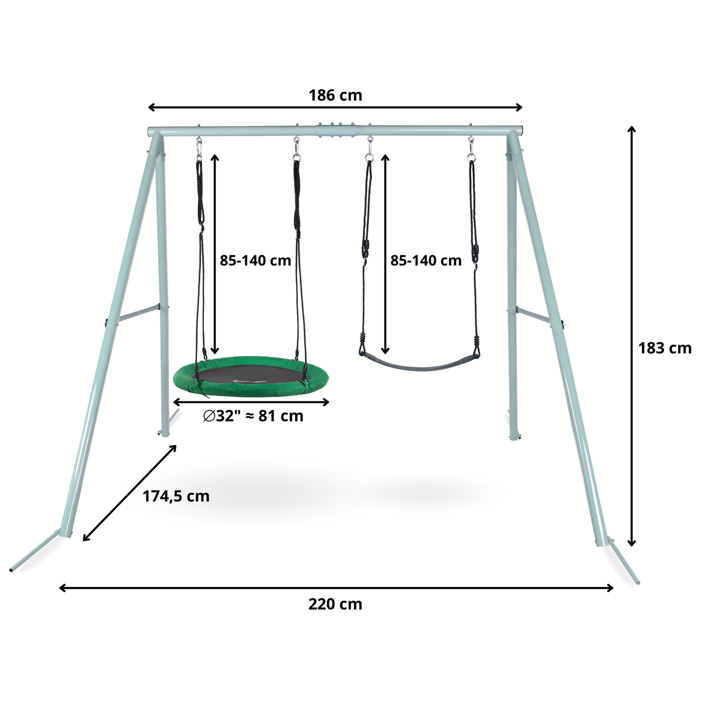 Columpio de jardín doble con estructura y cuerdas - asiento y nido de cigüeña