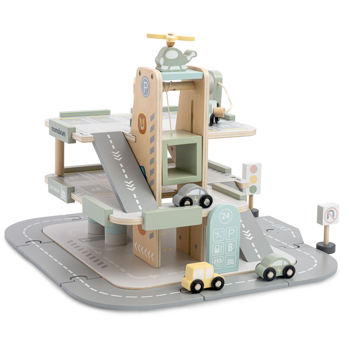 Garaje de madera de tres plantas para niños con accesorios: aparcamiento, gasolinera, lavadero de coches, helicóptero.