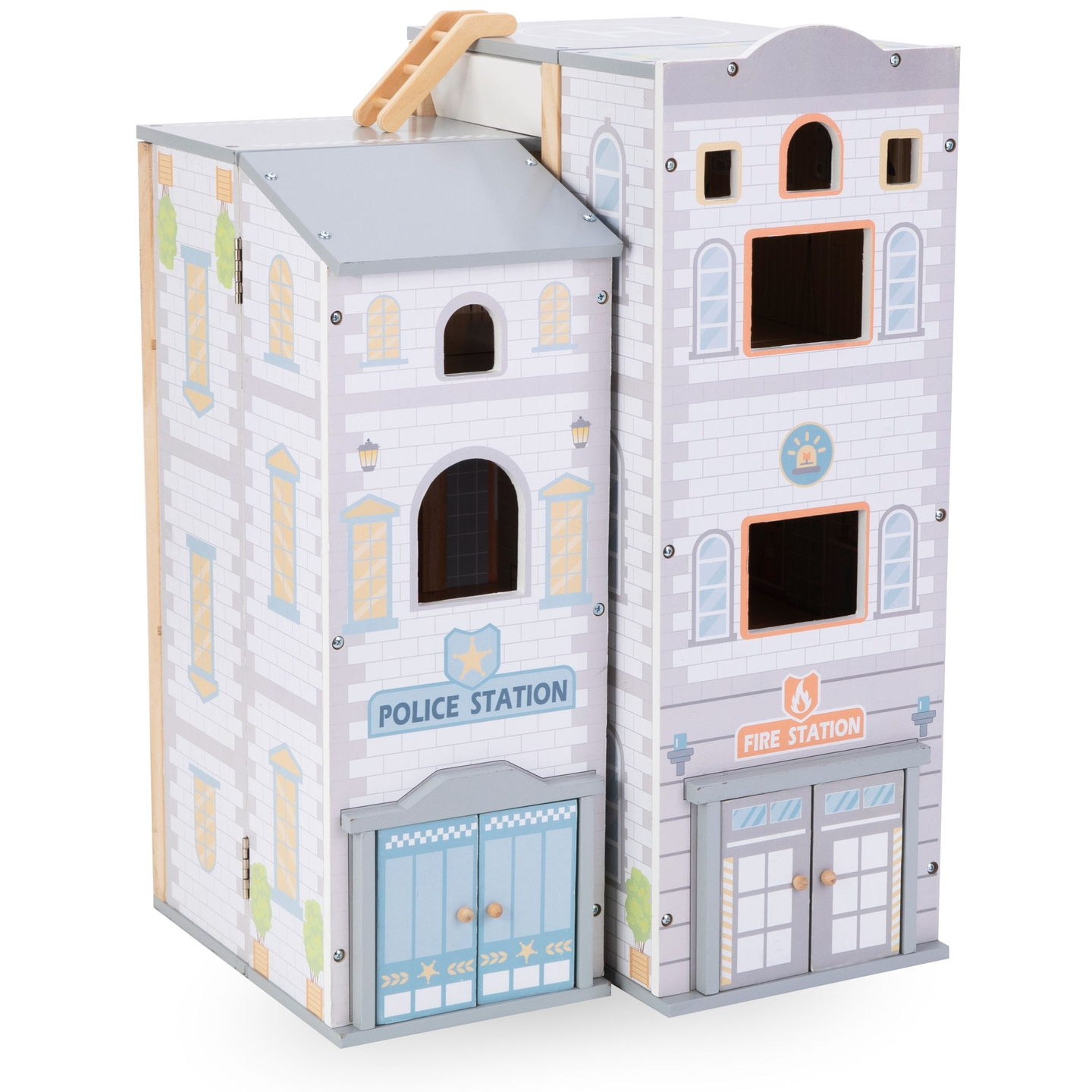 Gran parque de bomberos plegable con comisaría de policía - juego de madera. Bomberos y comisaría de policía con accesorios.