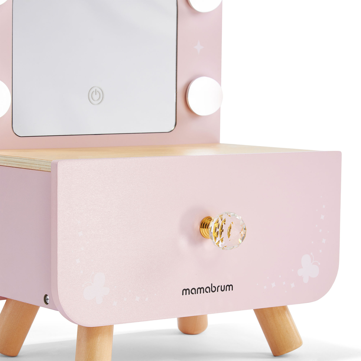 Mini tocador de madera para niños con accesorios e iluminación LED con ajuste suave de brillo.