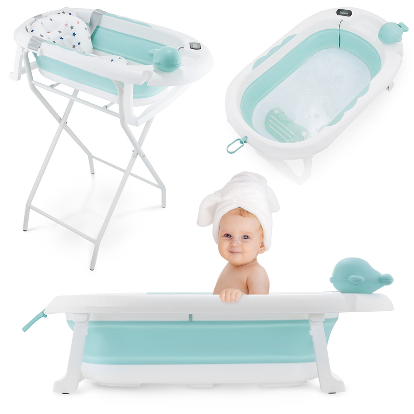 Bañera plegable para bebé con termómetro, inserto y soporte - color menta