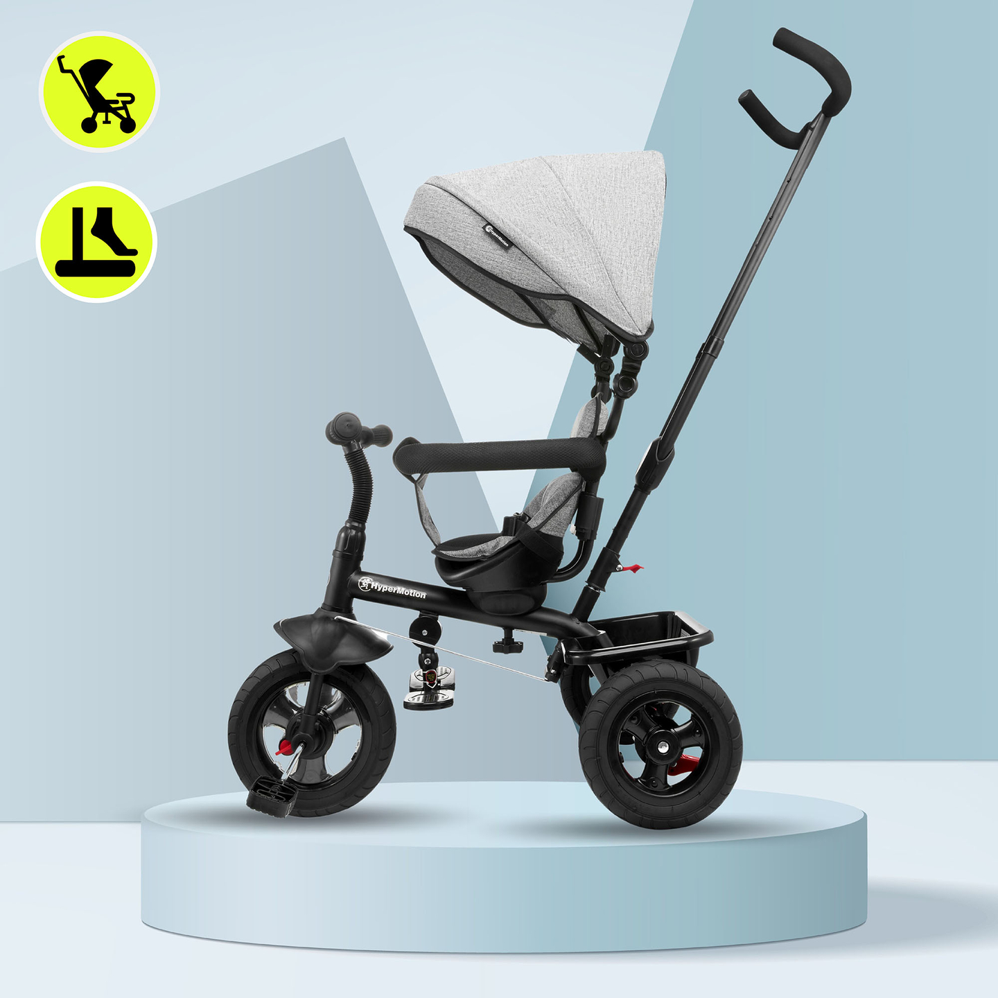 Triciclo para niños de 1 a 4 años - TOBI FREY - color gris - giratorio - ruedas hinchables + empujador