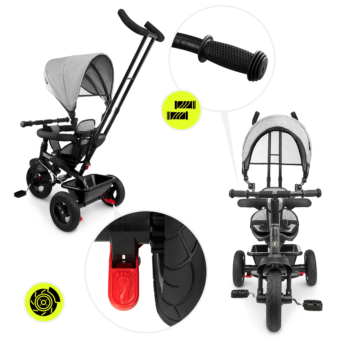 Triciclo para niños de 1 a 4 años - TOBI FREY - color gris - giratorio - ruedas hinchables + empujador