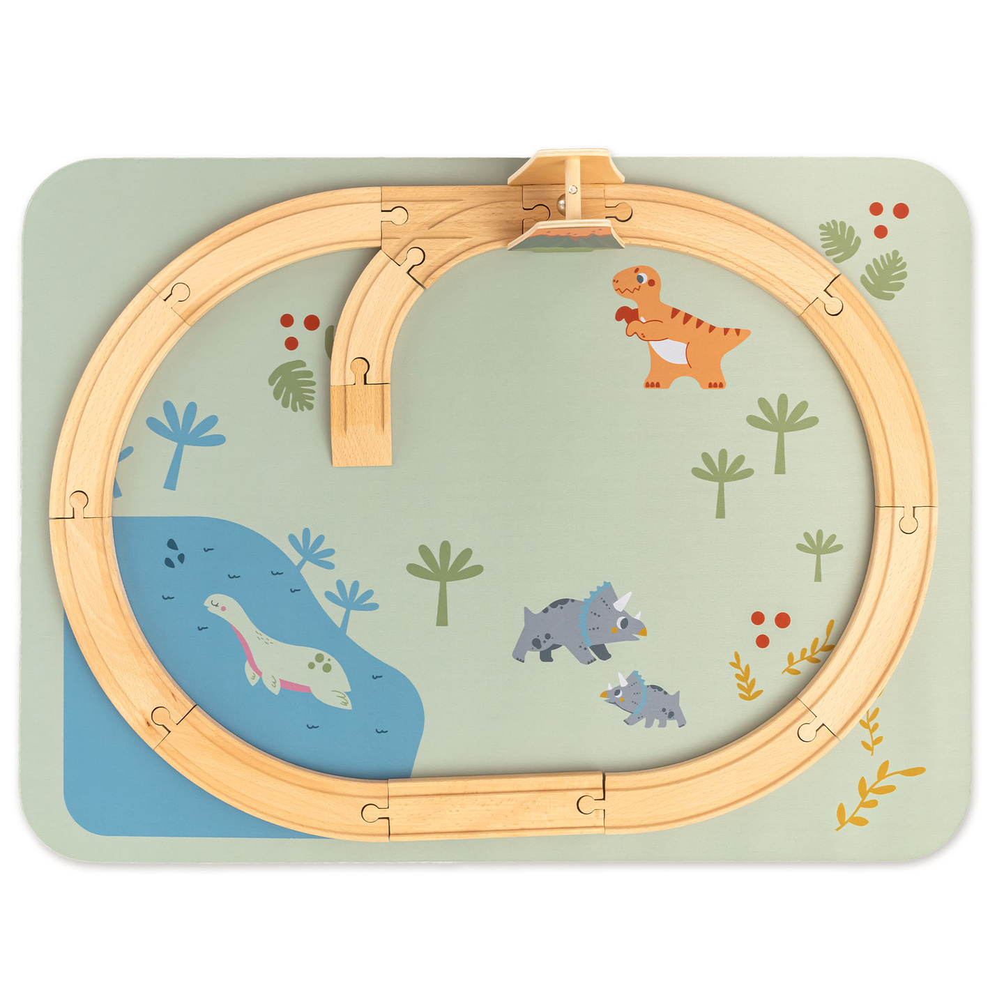 Tren de madera Dino Park con alfombra antideslizante - dinosaurios, tren, vías, volcán, campana