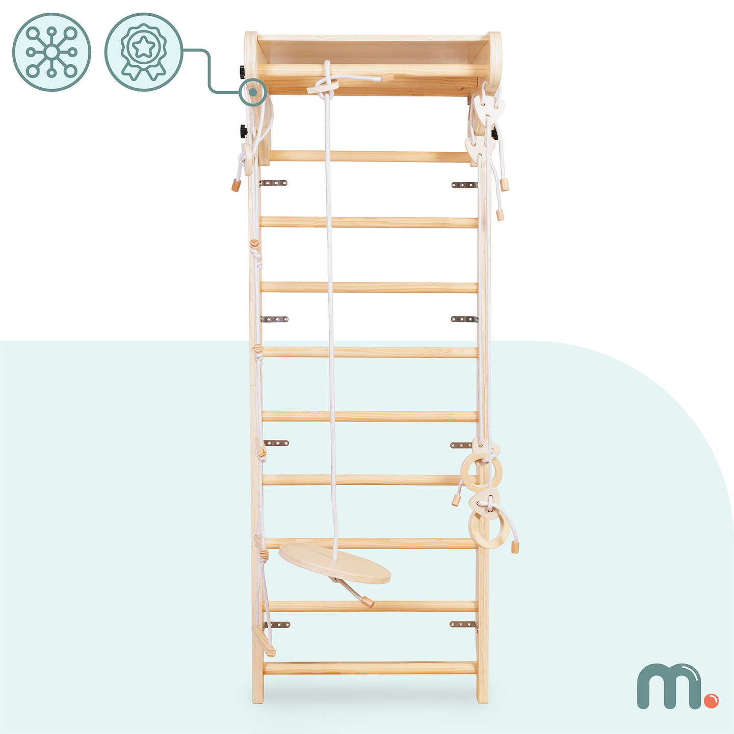 Escalera de gimnasia de madera para niños con accesorios: columpio de plato, anillas de gimnasia y escalera de cuerda.