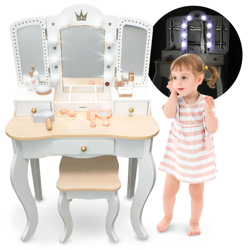 Tocador de madera XXL con taburete e iluminación LED para niños + accesorios
