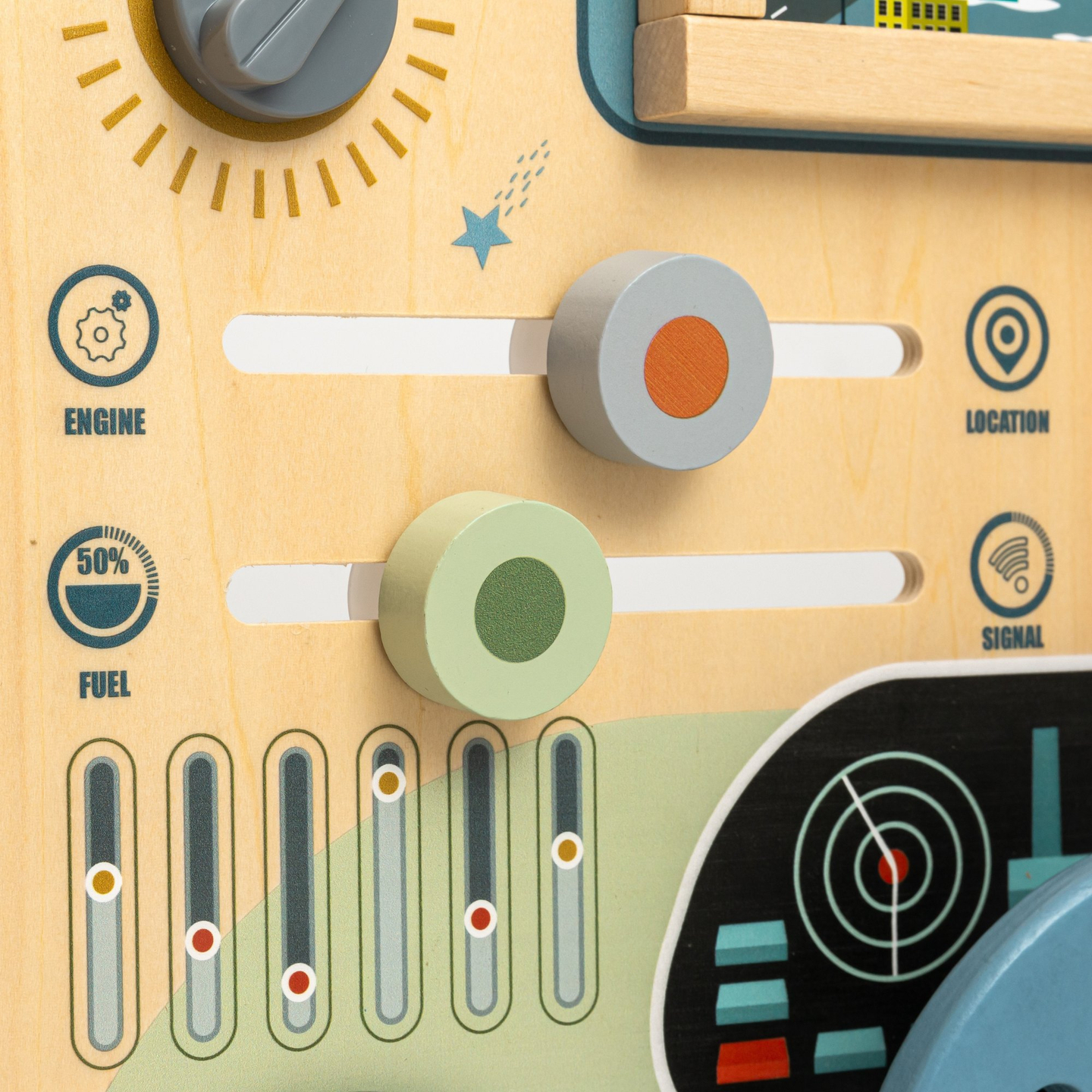 Tablero Montessori de madera 2 en 1 para el pequeño conductor y piloto: volante, palanca de cambios, mapas de viaje, radar