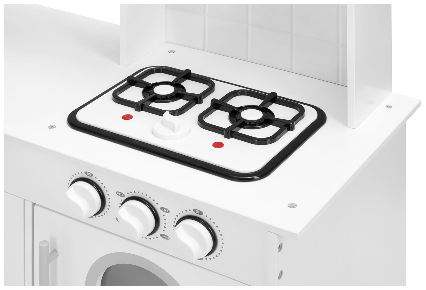 Cocina esquinera de madera XXXL con frigorífico, horno, lavadora, delantal y accesorios.