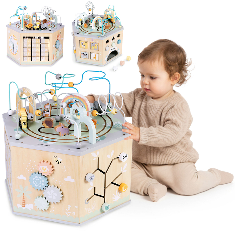 Cubo educativo de madera grande: un juguete Montessori con tren magnético y bucles de motor