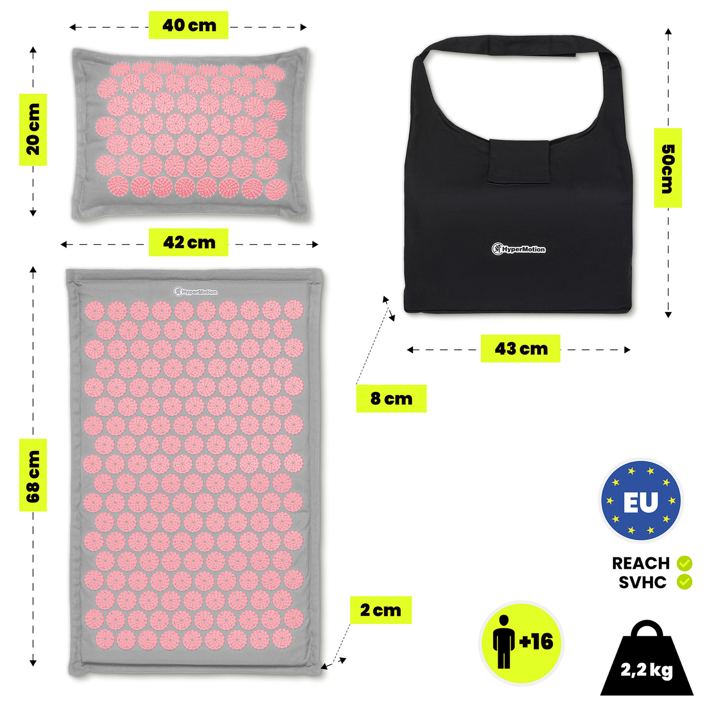 Esterilla de acupresión de lino ecológico con fibra de coco y cojín de trigo sarraceno – 68 cm HyperMotion gris y rosa