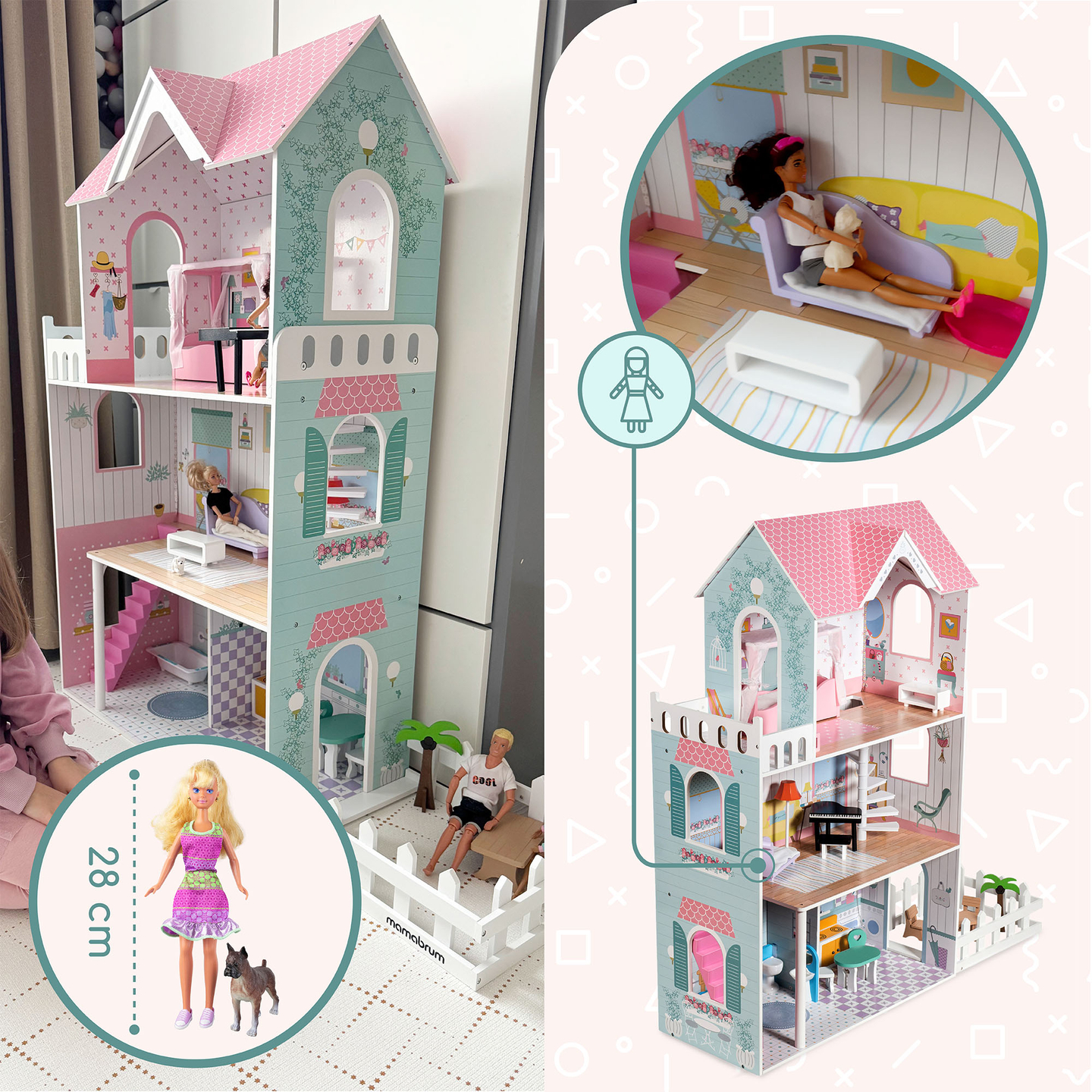 XXL La casa de muñecas de madera más grande - 123 cm - iluminada por LED - terraza, accesorios, jardín