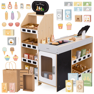 Tienda de comestibles de madera: un gran puesto XXL, una tienda con una caja registradora de juguete