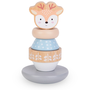 Un conjunto de juguetes de madera: un entrelazado de colores, una pirámide de ciervos y un clasificador de pingüinos.