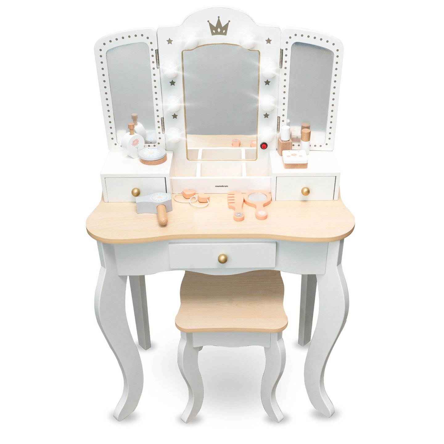 Tocador de madera XXL con taburete e iluminación LED para niños + accesorios