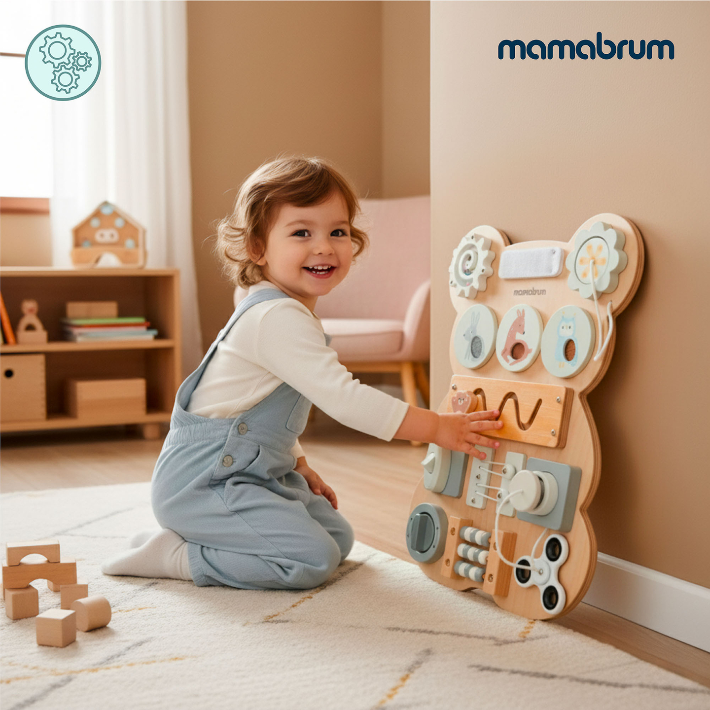 Tablero manipulativo de madera Montessori con forma de osito de peluche: aprendizaje sensorial de la independencia: velcro, enchufe, laberinto, botón de clic