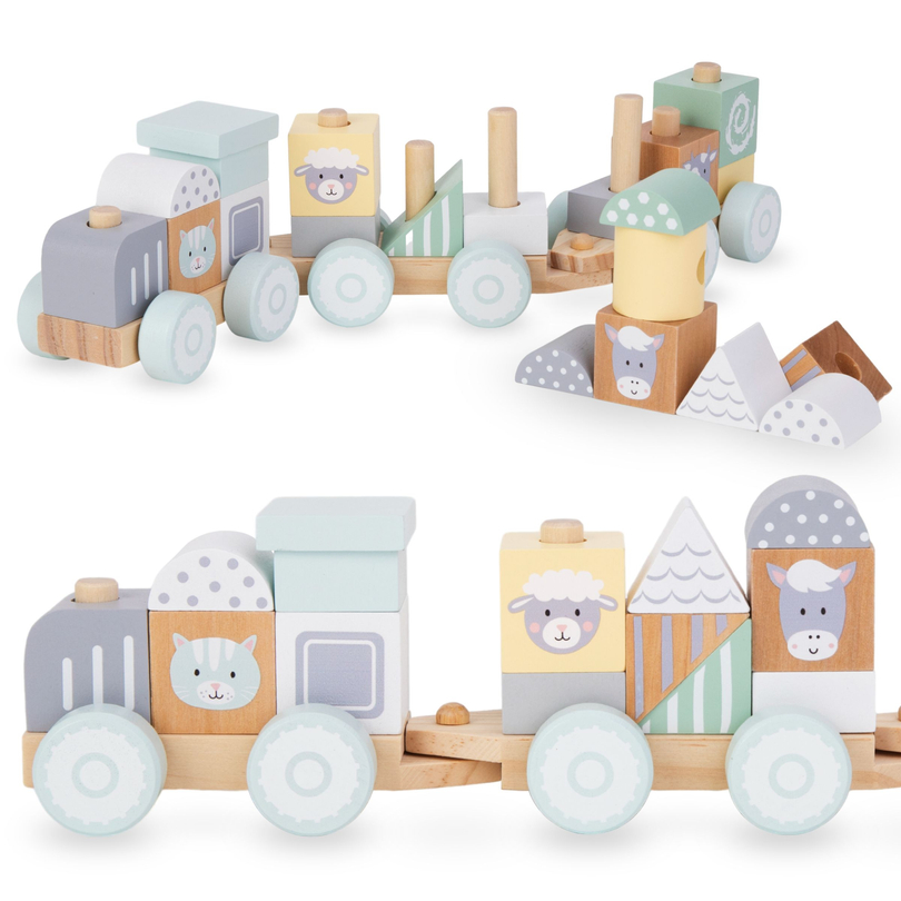 Tren de madera con bloques para niño - Granja