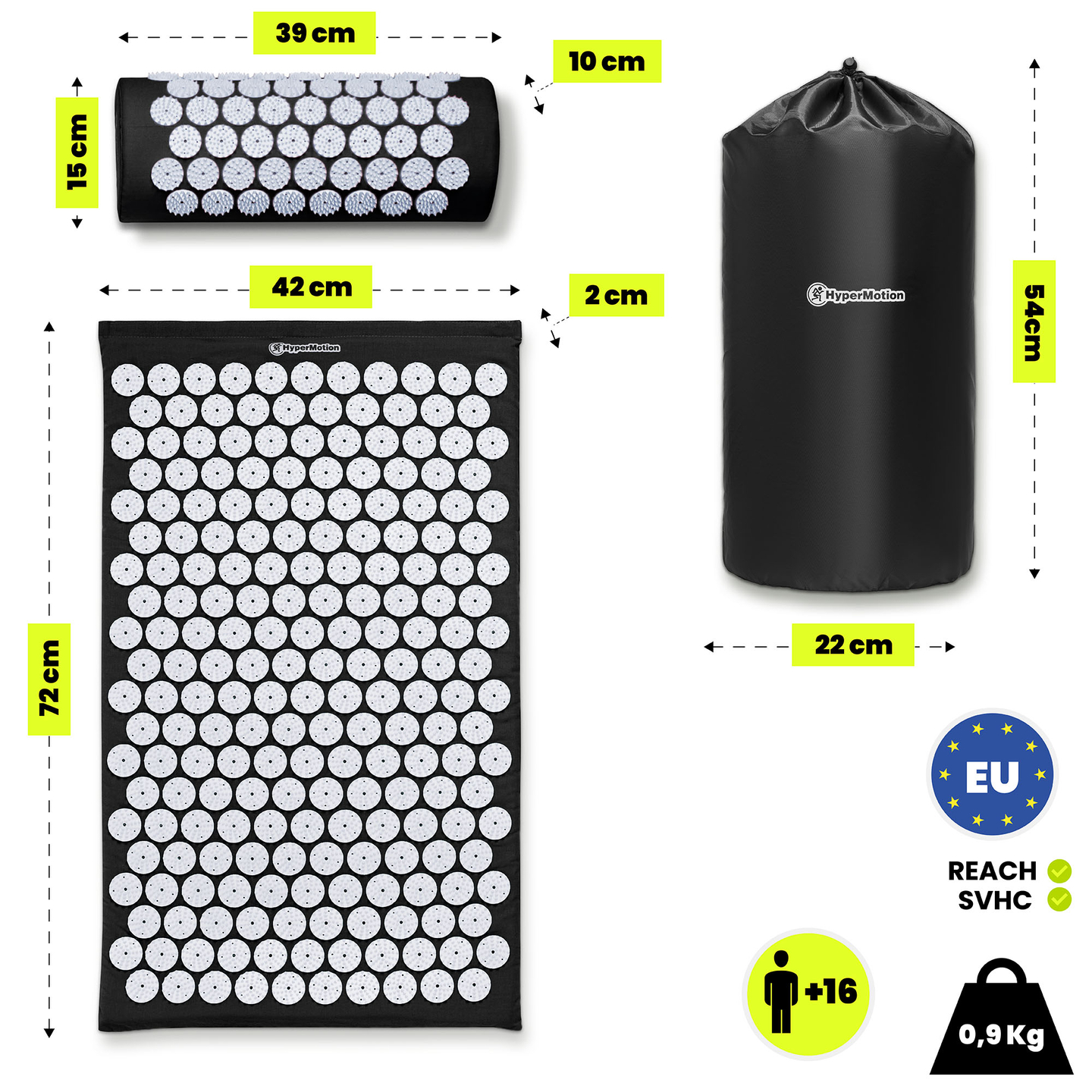 Esterilla de acupresión con almohada y funda - 72 cm HyperMotion blanco y negro