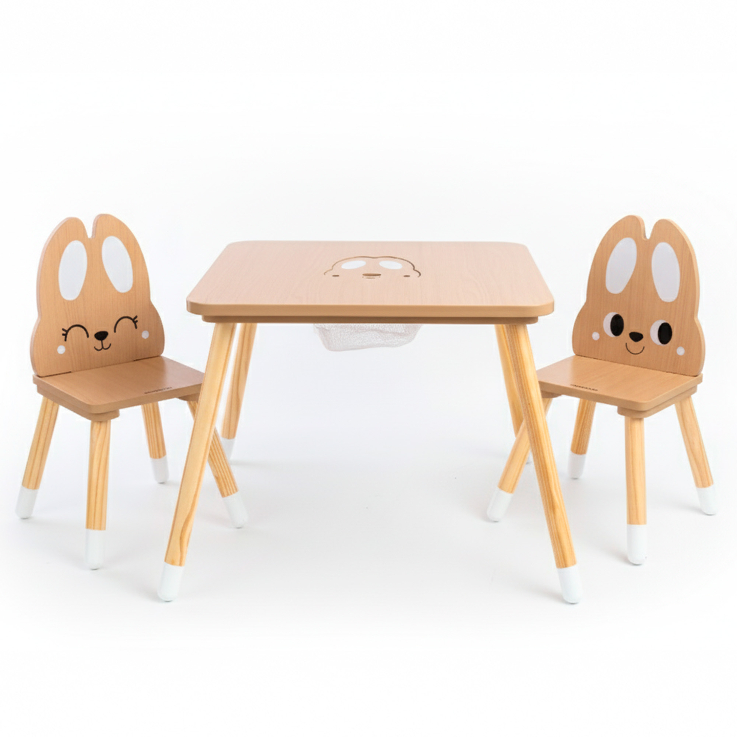Mesa de madera con almacenaje y 2 sillas Conjunto infantil - Conejo Lindo