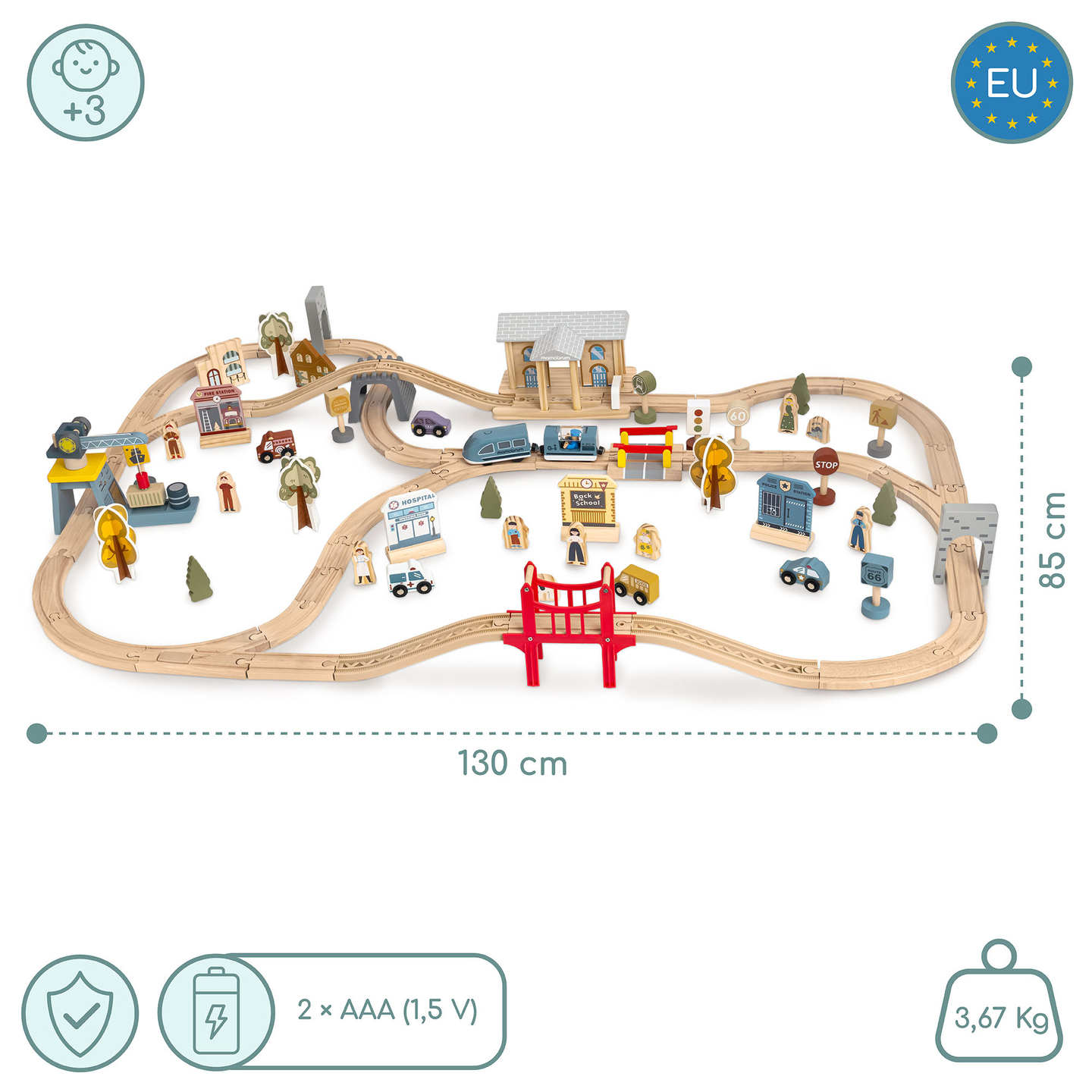 Ferrocarril urbano de madera con tren eléctrico: grúa móvil, barco, puentes