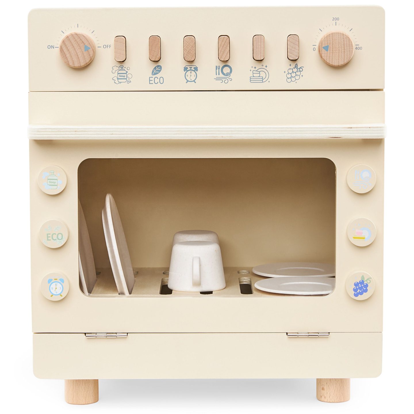 Lavavajillas de madera con accesorios.