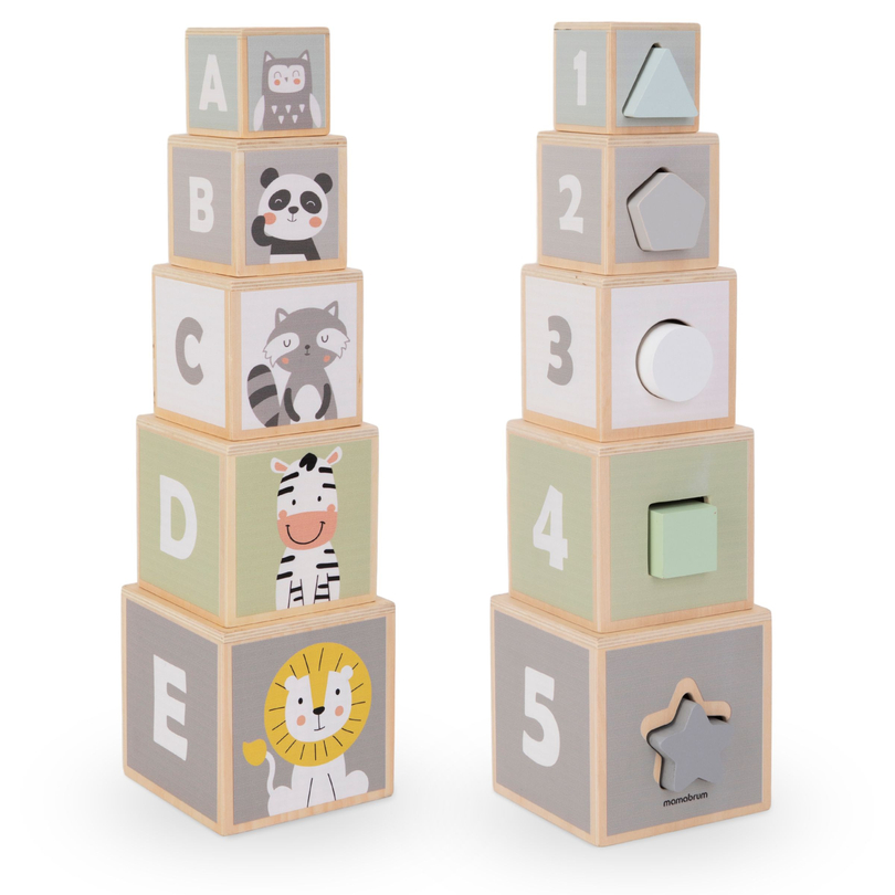 Torre de madera - clasificador de formas números animales del alfabeto