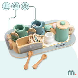 Juego de té grande de madera con bandeja - 18 unidades