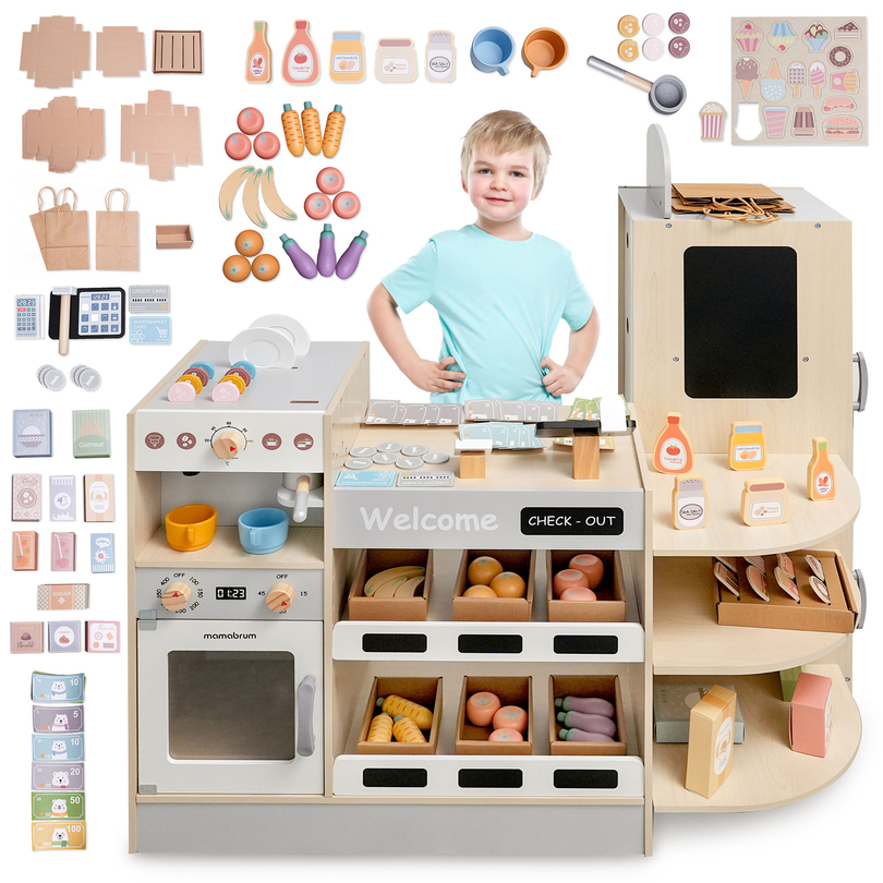 Gran tienda de madera XXXL para niños con barra de comida rápida - Tienda de la esquina + Cafetera + Horno + Nevera - 106 ac.