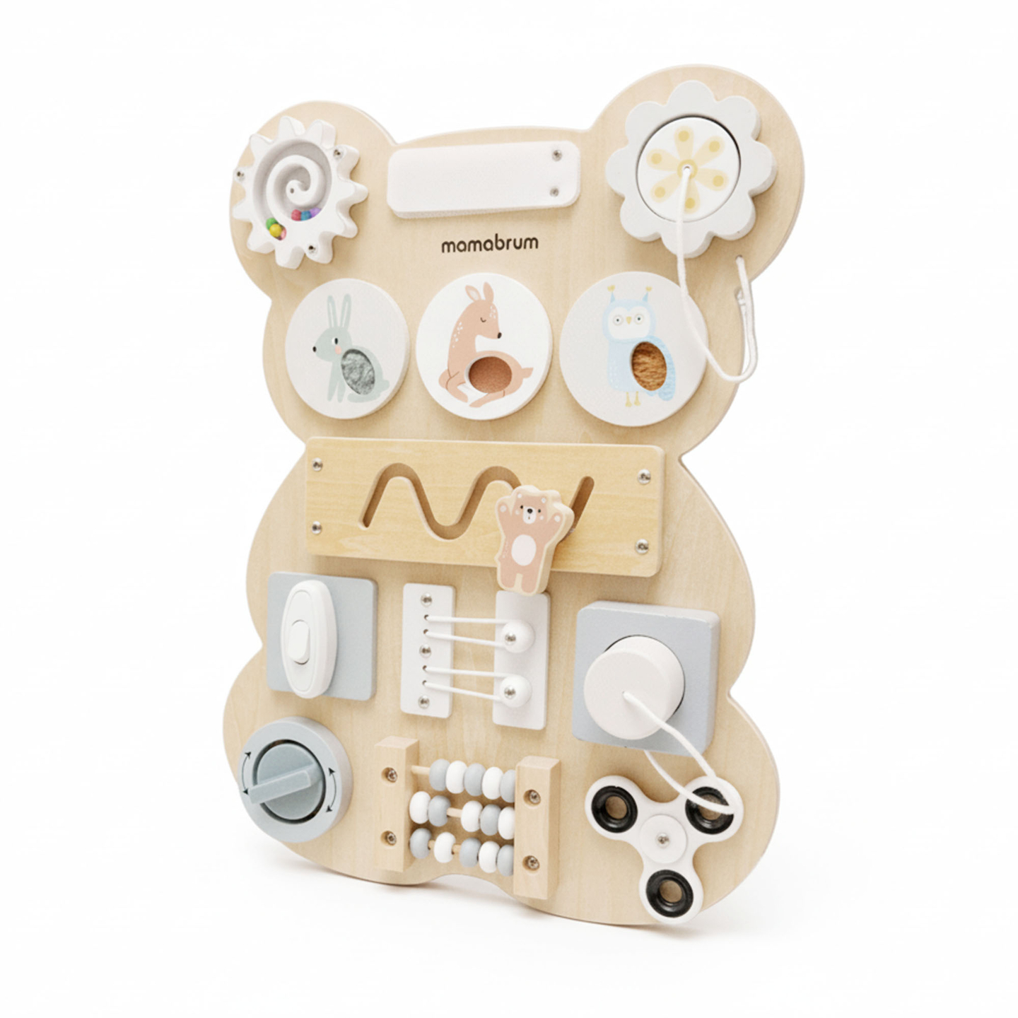 Tablero manipulativo de madera Montessori con forma de osito de peluche: aprendizaje sensorial de la independencia: velcro, enchufe, laberinto, botón de clic