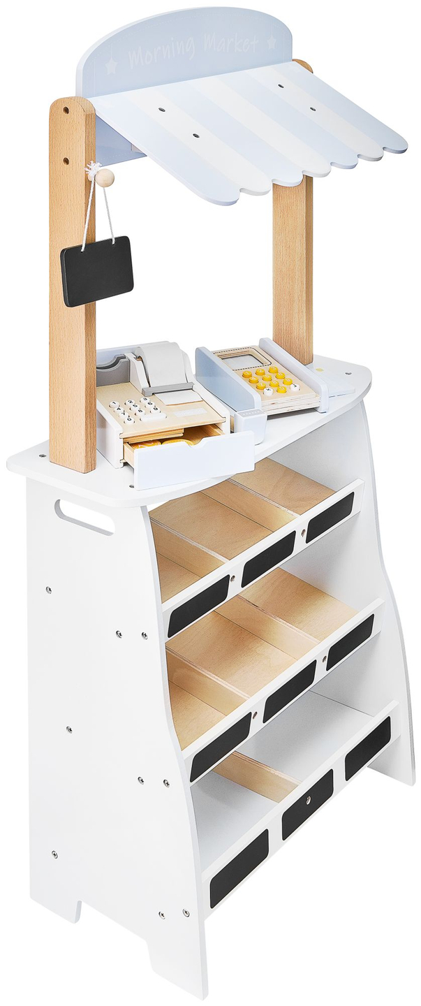 Tienda de comestibles: un puesto de madera con cajas, una caja registradora y una terminal