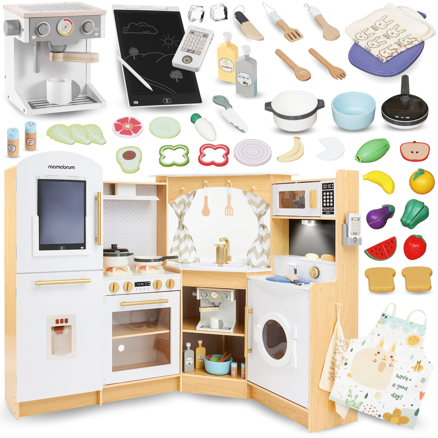 XXXXL gran cocina interactiva de madera con iluminación LED, lavadora microondas cafetera y juego de frutas y verduras - 50 elementos