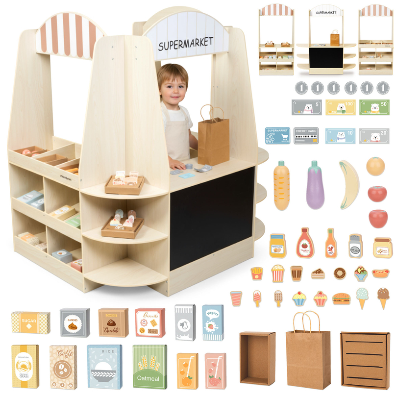 Gran tienda infantil de madera con pizarra: ¡91 piezas para divertirse comprando!