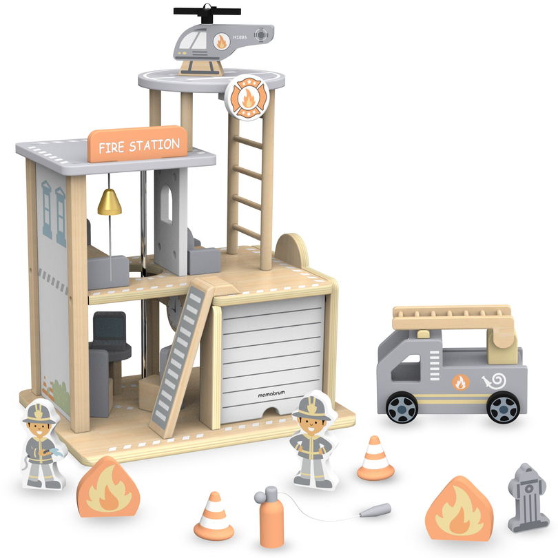 Parque de bomberos de madera con accesorios, parque de bomberos