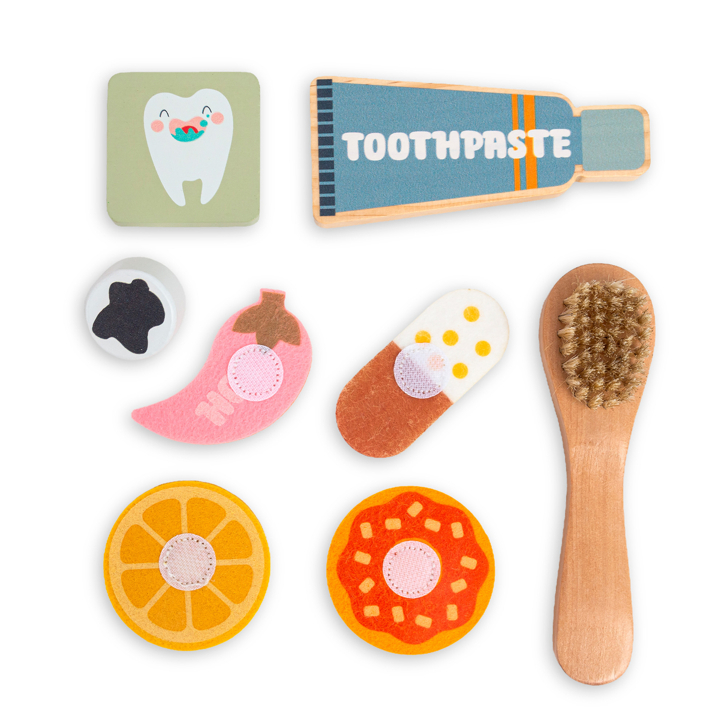 Tablero educativo Montessori de madera Pequeño Dentista: cepillo de dientes, pasta, dientes extraíbles, espejo, comida, sabores de aprendizaje