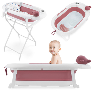 Bañera plegable para bebés con termómetro, inserto y soporte - color rosa sucio