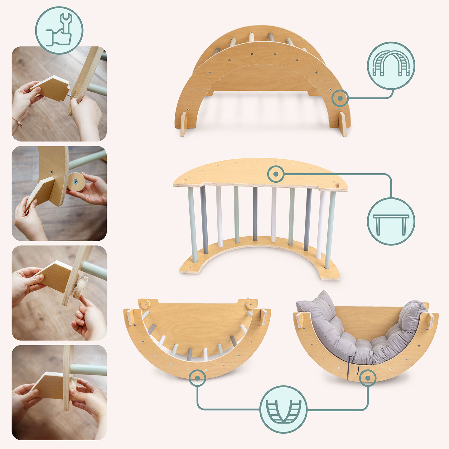 Parque infantil interior de madera con muro de escalada, tobogán, arco de escalada/balancín y triángulo de Pikler.