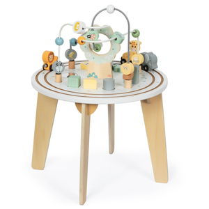 Mesa educativa redonda de madera con tren magnético y lanzador de cuentas.