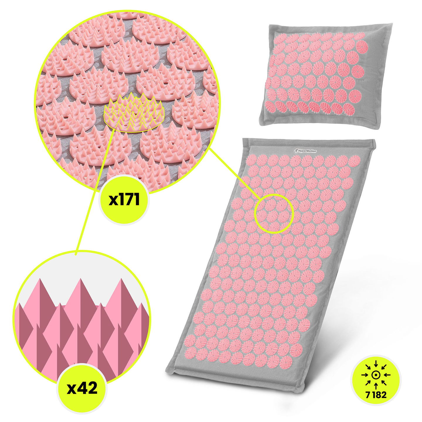 Esterilla de acupresión de lino ecológico con fibra de coco y cojín de trigo sarraceno – 68 cm HyperMotion gris y rosa