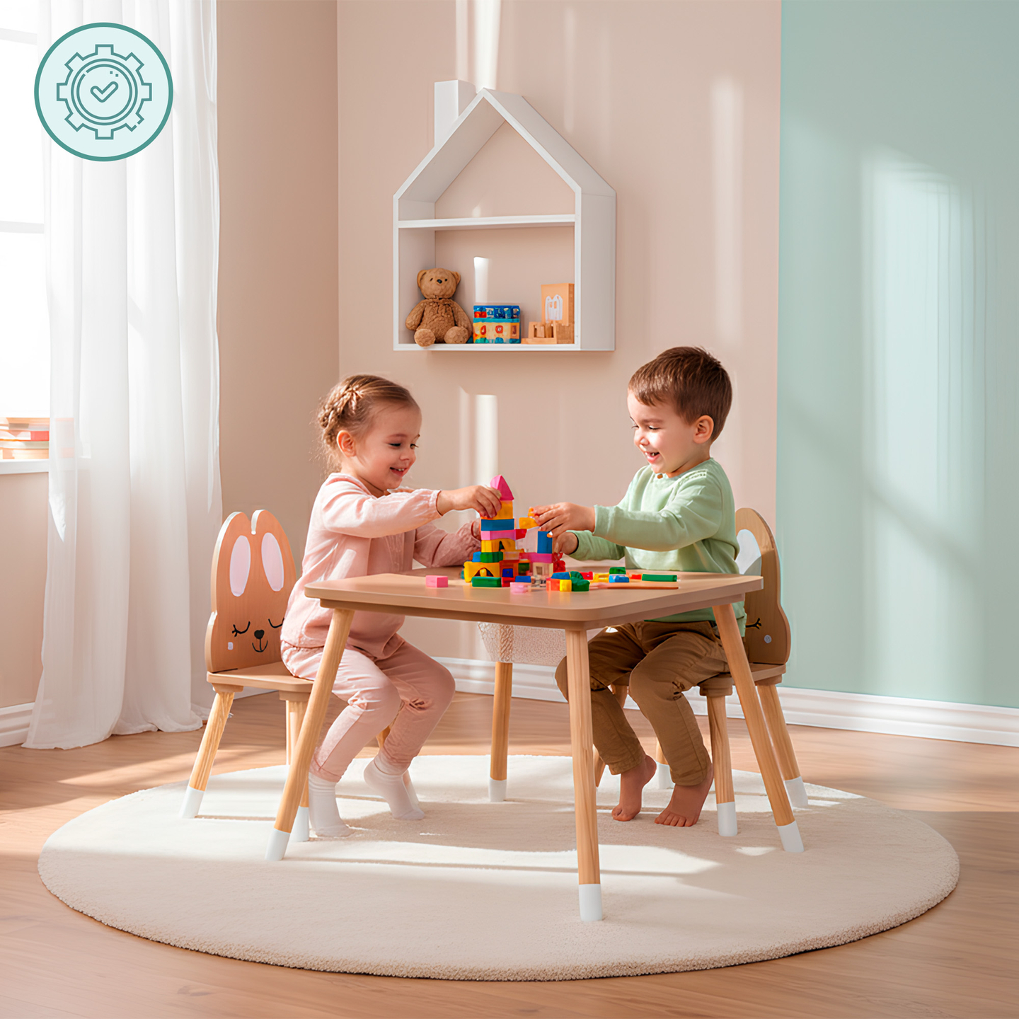 Mesa de madera con almacenaje y 2 sillas Conjunto infantil - Conejo Lindo