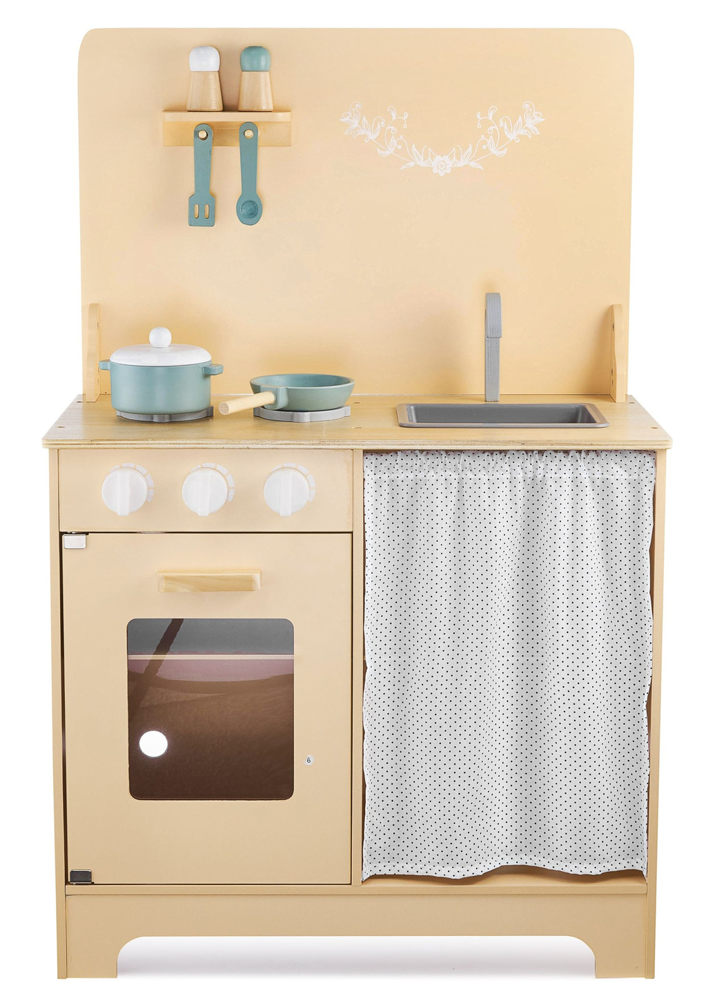 Cocina de madera con delantal, complementos e iluminación LED.