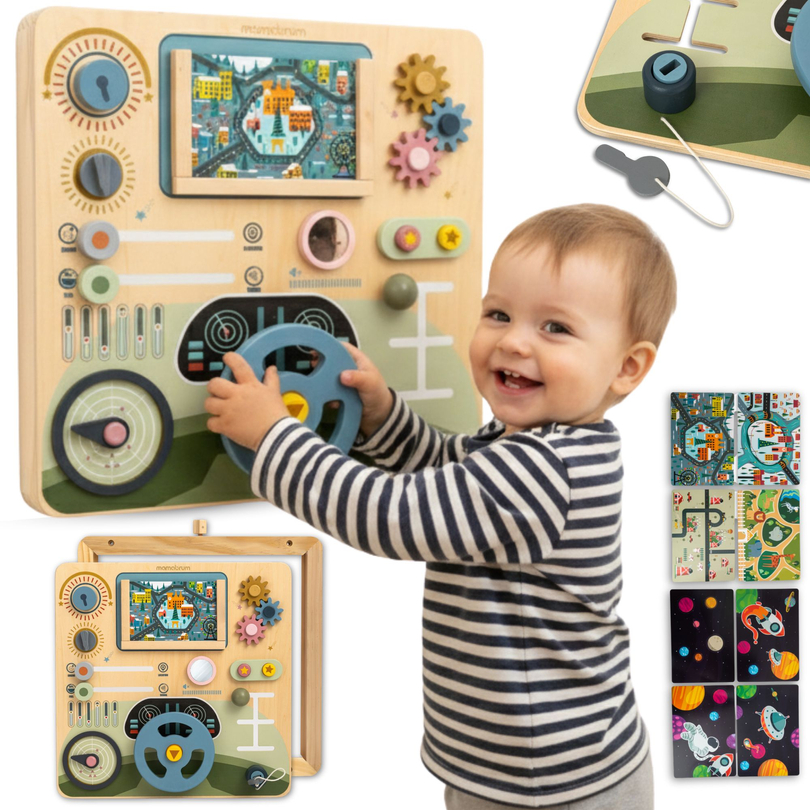 Tablero Montessori de madera 2 en 1 para el pequeño conductor y piloto: volante, palanca de cambios, mapas de viaje, radar
