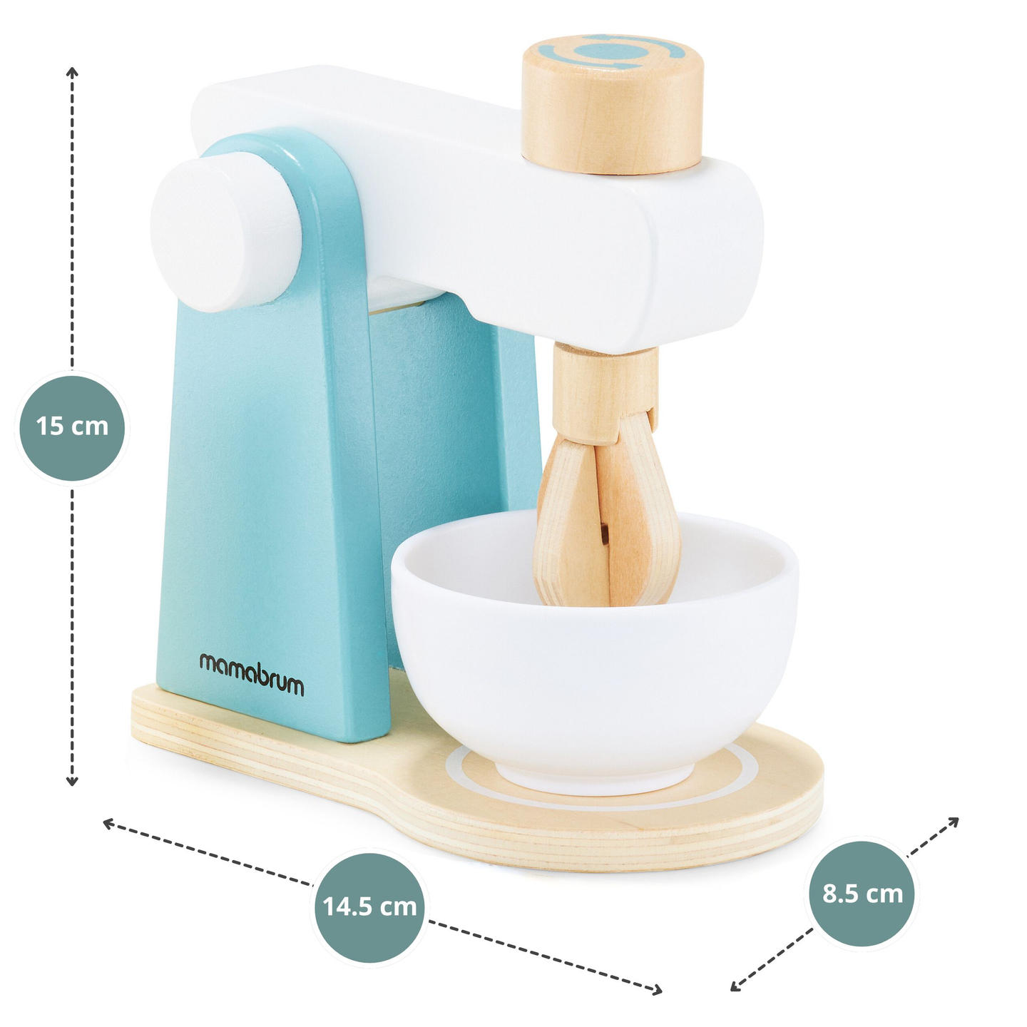 Batidora de madera con accesorios.