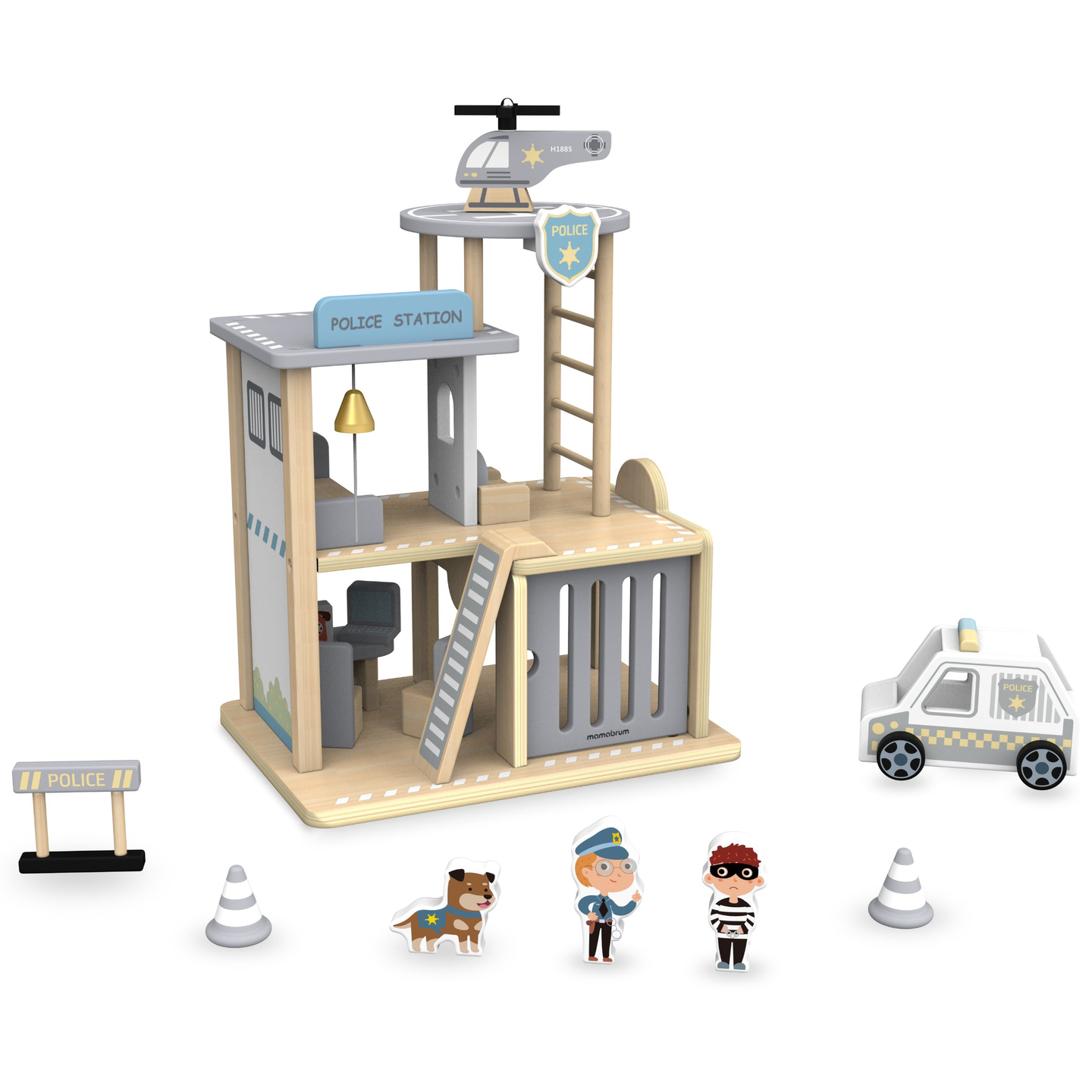 Comisaría de policía de madera con accesorios.