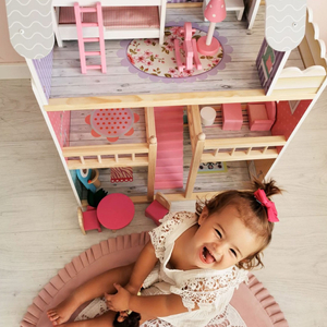 ¡Gran casa de muñecas de madera de 3 pisos con terraza, juego de muebles e iluminación LED!