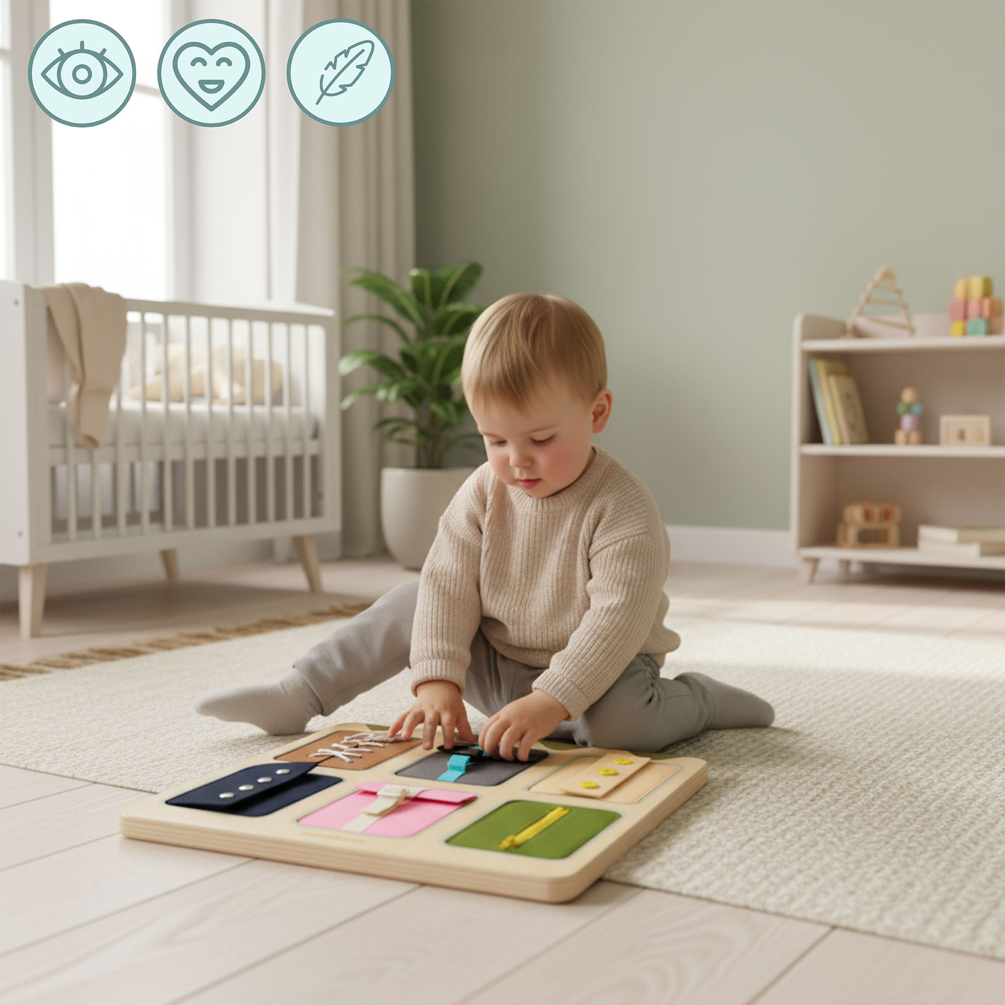 Tablero manipulativo Montessori de madera: Aprendizaje sensorial de la independencia - cordones, hebillas, botones, broches, cremallera